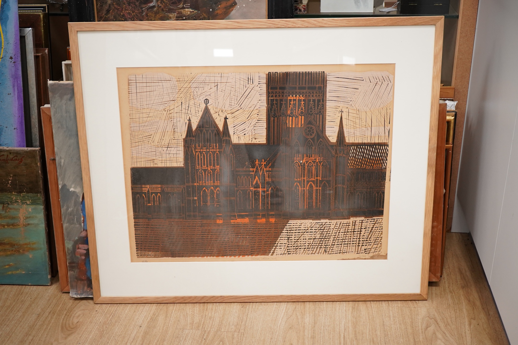 Robert Tavener (1920-2004), ‘Salisbury Cathedral (No.5)’, signed and dated '67 in pencil, limited edition 22/50, lithograph, 52 x 70cm